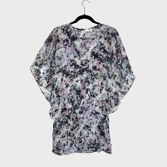 Badgley Mischka Womens Cover Up Black Abstract Sheer Beaded Blouson Swim Medium - Picture 2 of 10